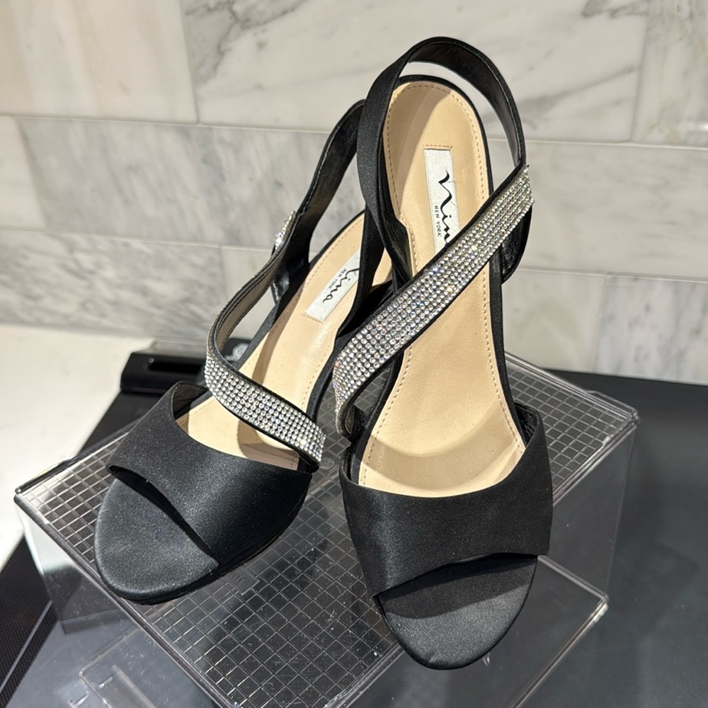 NINA black satin and Rhinestone heels